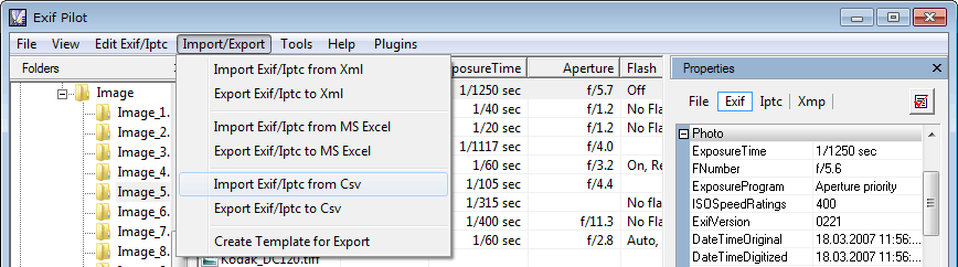 Import Exif from CSV format