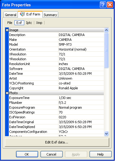 EXIF/IPTC/XMP data viewer EXIF data editor are integrated into Windows Explorer versatile Screen Shot