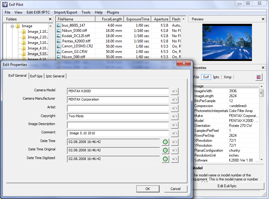 Edit create and view EXIF EXIF GPS IPTC and XMP data with free Exif Pilot. versatile Screen Shot