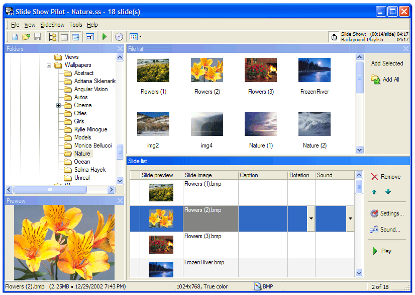 The program creates slide shows and screensavers, supports 30 transition effects