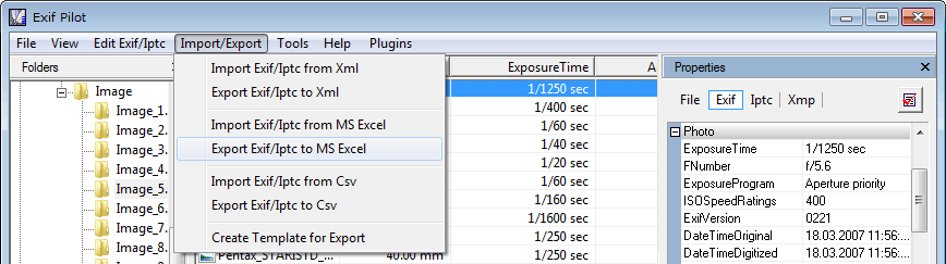 Export EXIF data to MS Excel