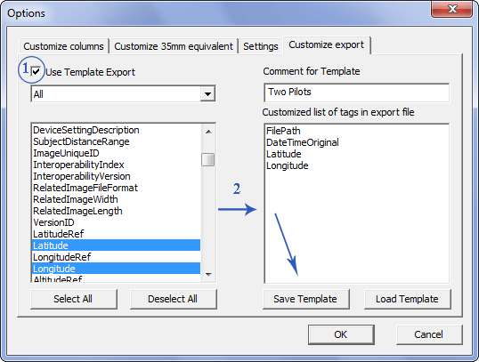 Select the tags for export EXIF
