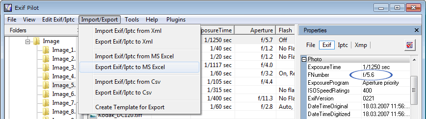Export and import EXIF