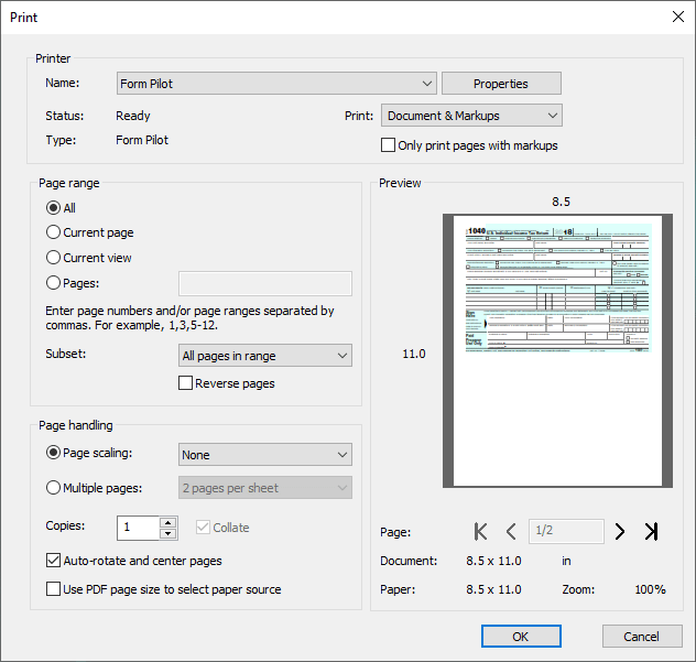 Select Form Pilot as a printer name