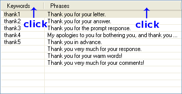 Sorting phrases by clicking column heading